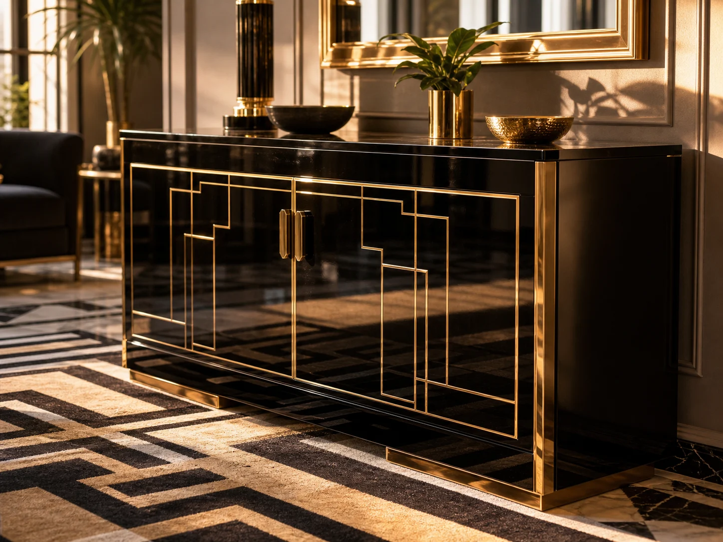 High-shine lacquered cabinet with polished brass accents