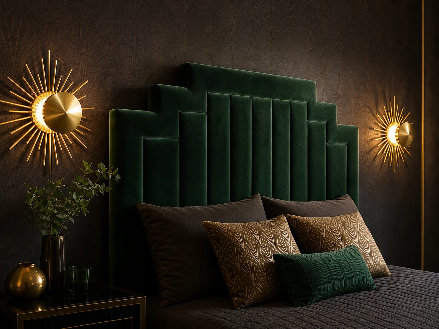 Art Deco bedroom featuring a stepped velvet headboard and sunburst wall sconces
