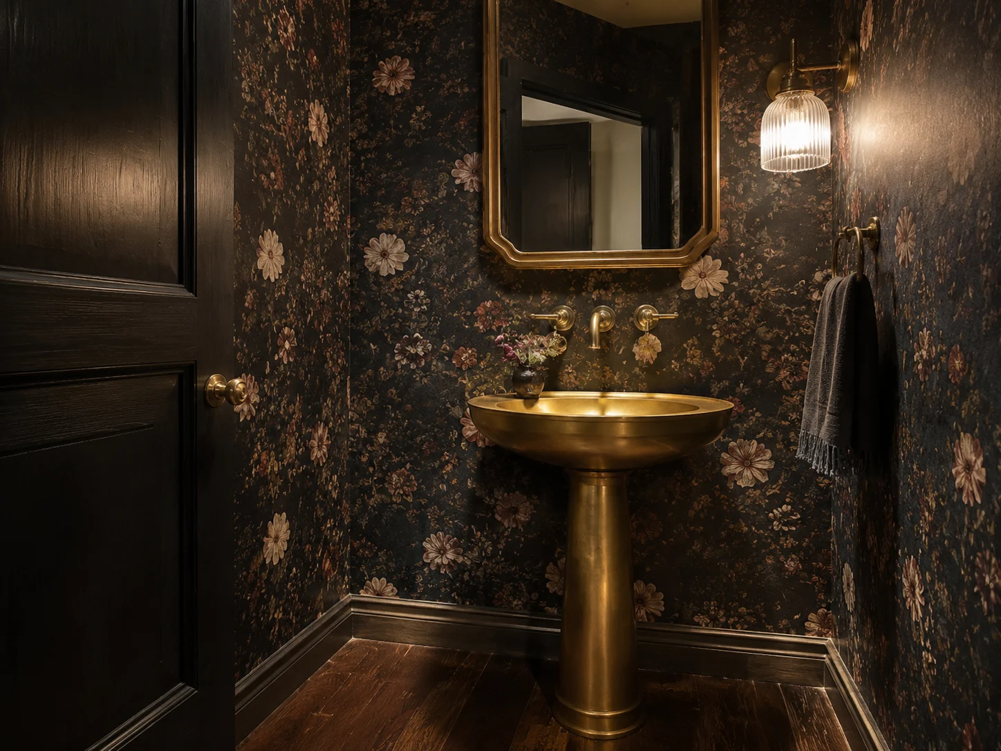 Une salle d'eau spectaculaire avec un papier peint floral sombre et un lavabo colonne en laiton.