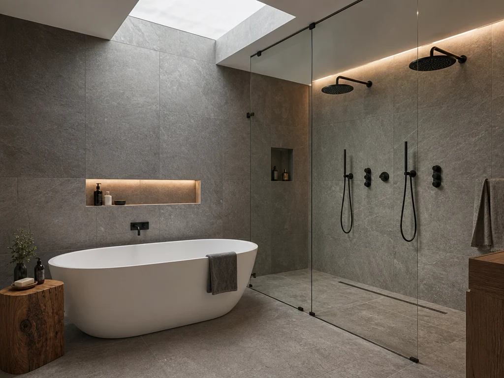 Une salle d'eau luxueuse avec baignoire îlot et double pommeau de douche derrière une paroi vitrée.