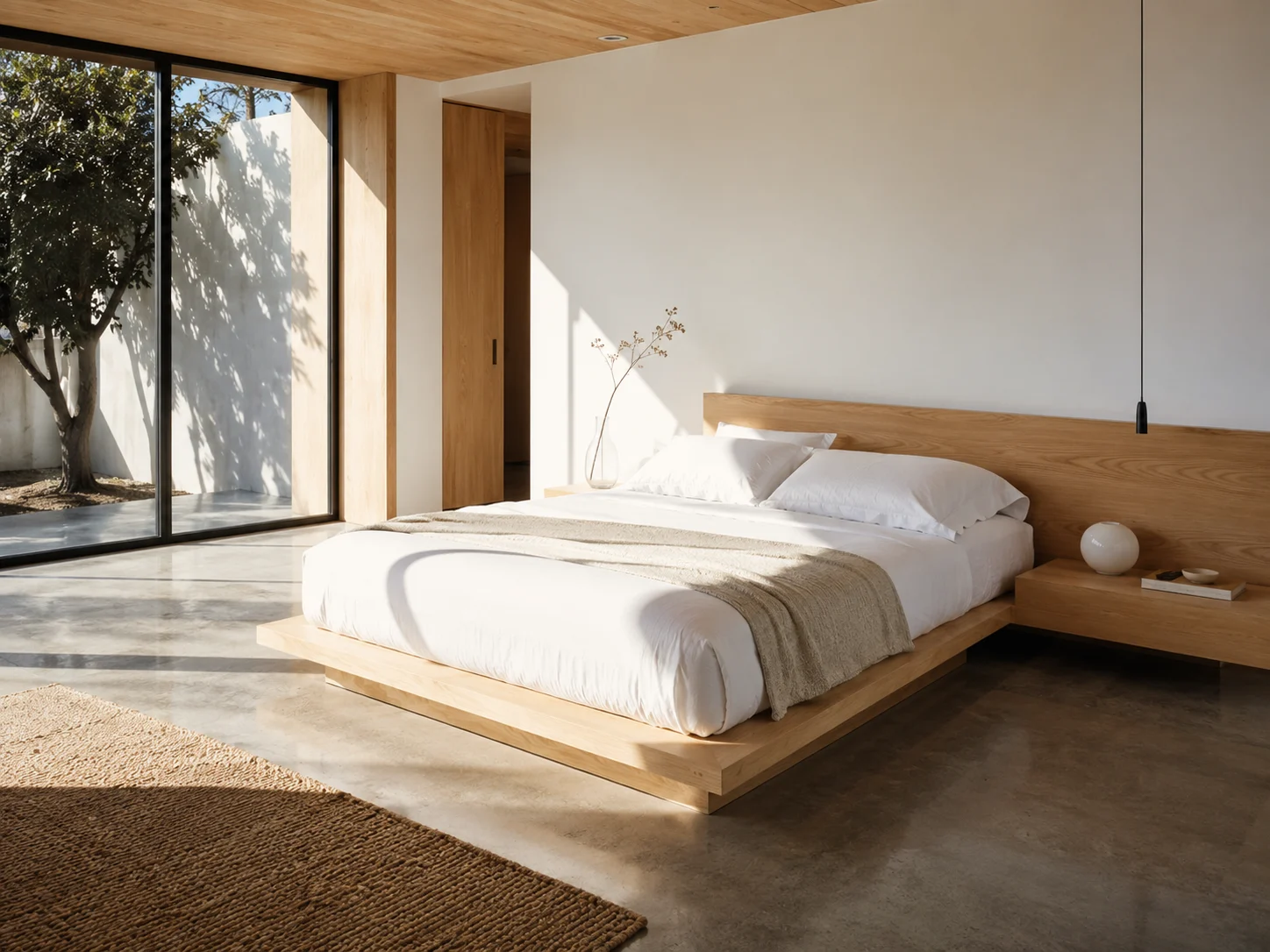 A minimalist bedroom with clean lines and natural wood textures