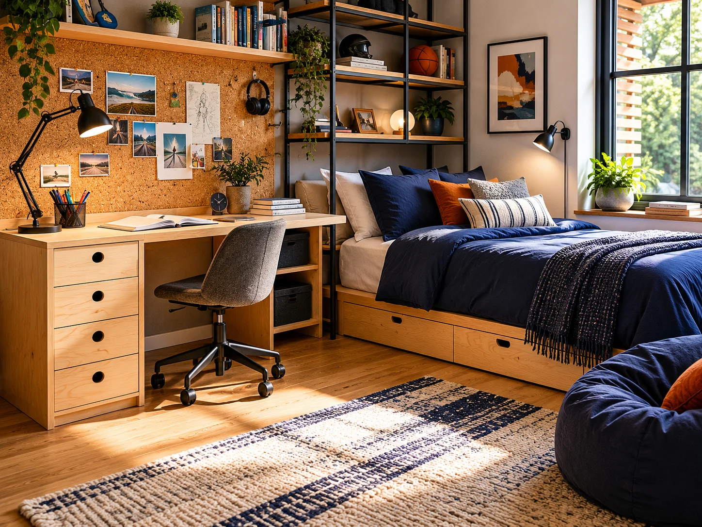 A functional teenage bedroom with a study desk and modular storage