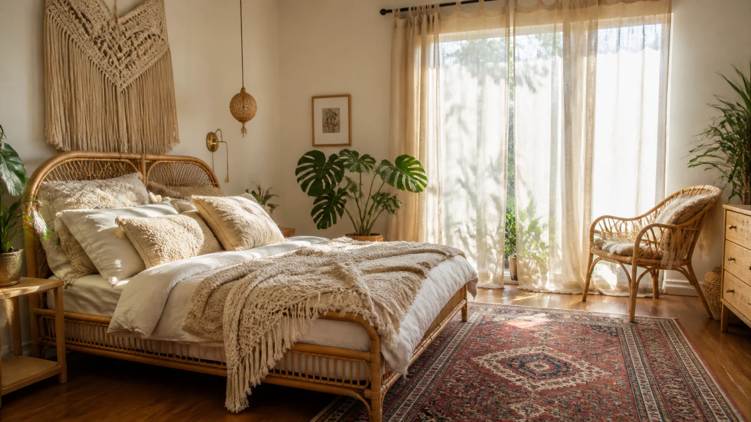 Gemütliches Schlafzimmer im Bohemian-Stil mit geschichteten Textilien und natürlichen Rattanmöbeln