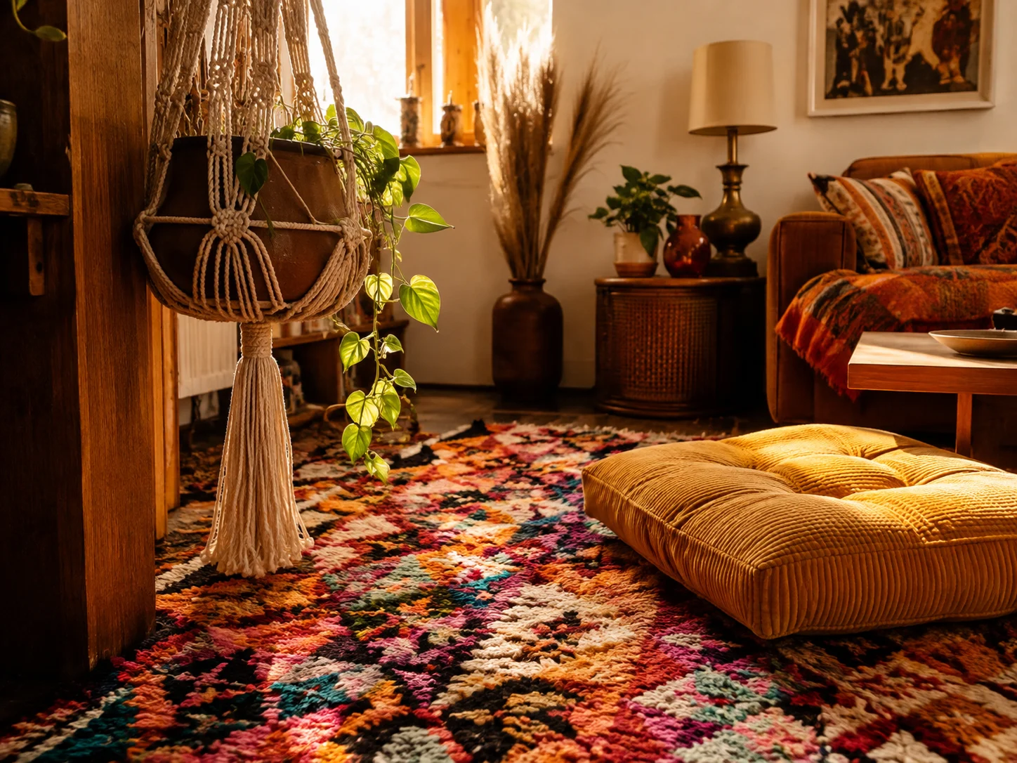 A 1970s living room corner with macramé and vibrant rugs