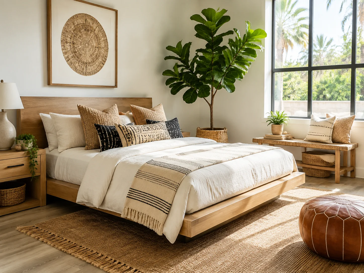 A modern boho chic bedroom with light oak and neutral textiles