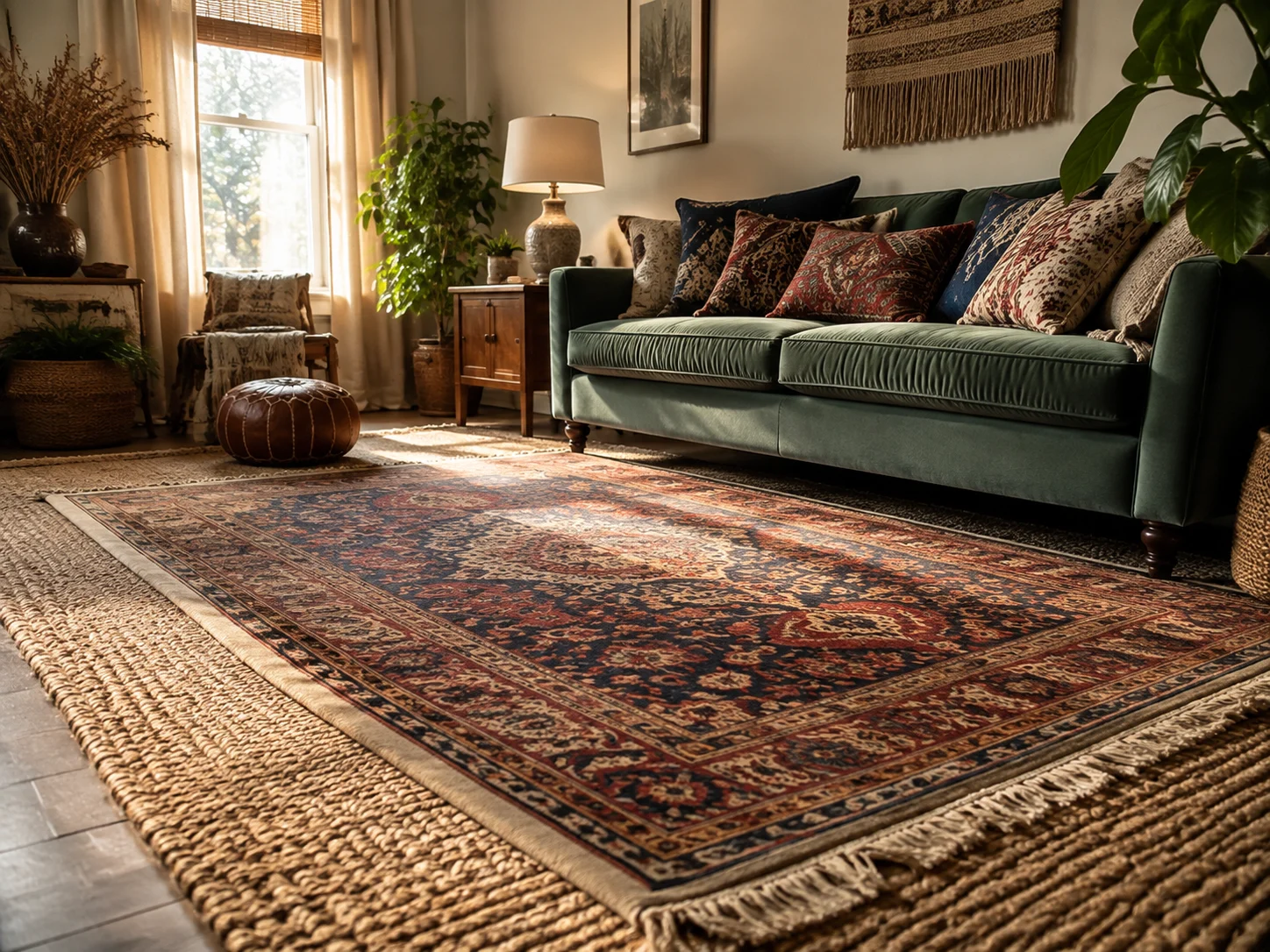 A boho living room showcasing layered rugs and patterned throw pillows