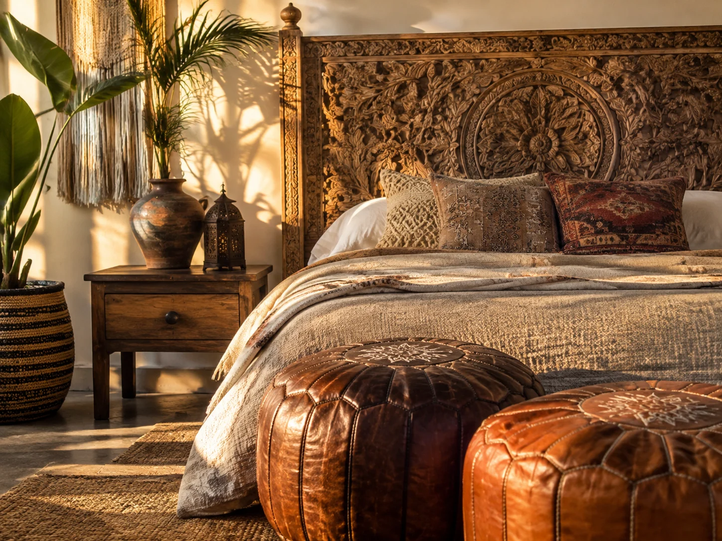 A boho bedroom featuring a carved wooden headboard and vintage Moroccan poufs