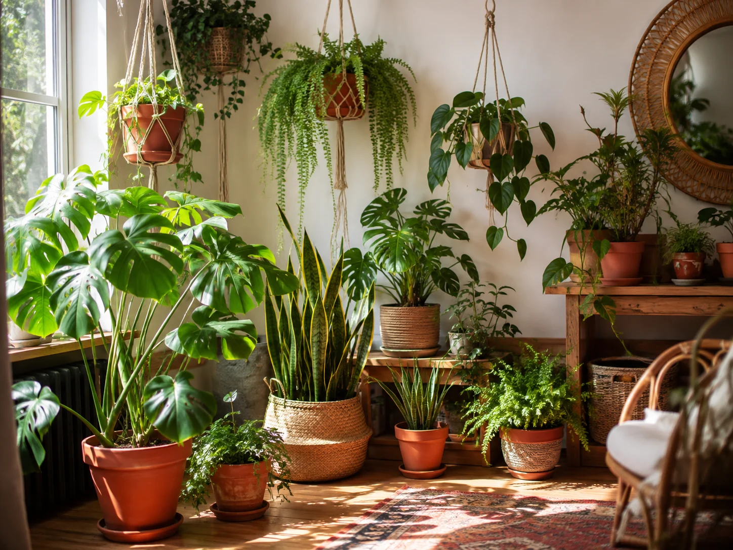 A sunlit corner filled with various indoor plants in terracotta and woven pots