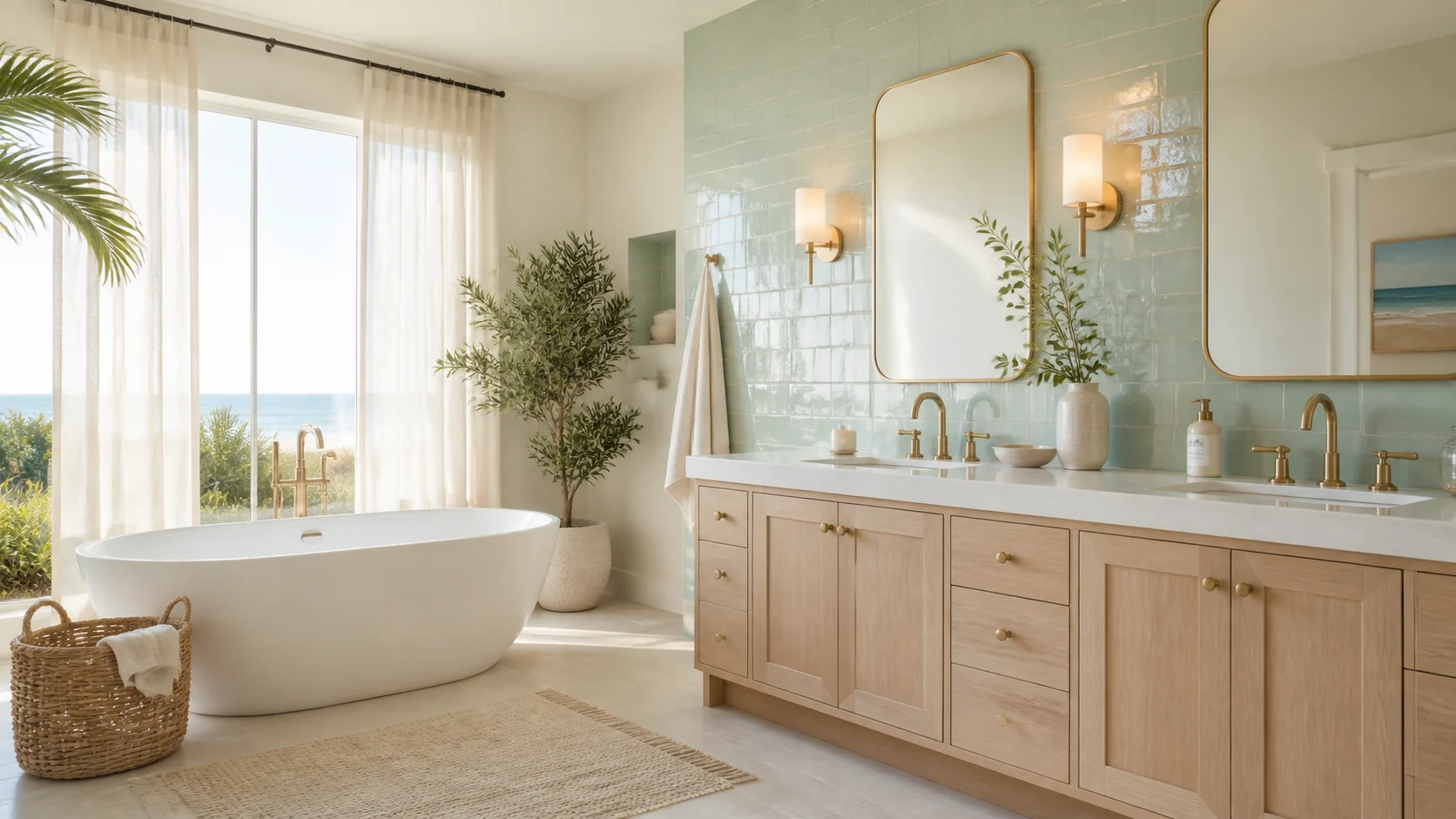 Ein ruhiges Coastal-Badezimmer mit freistehender Badewanne und Waschtisch aus heller Eiche