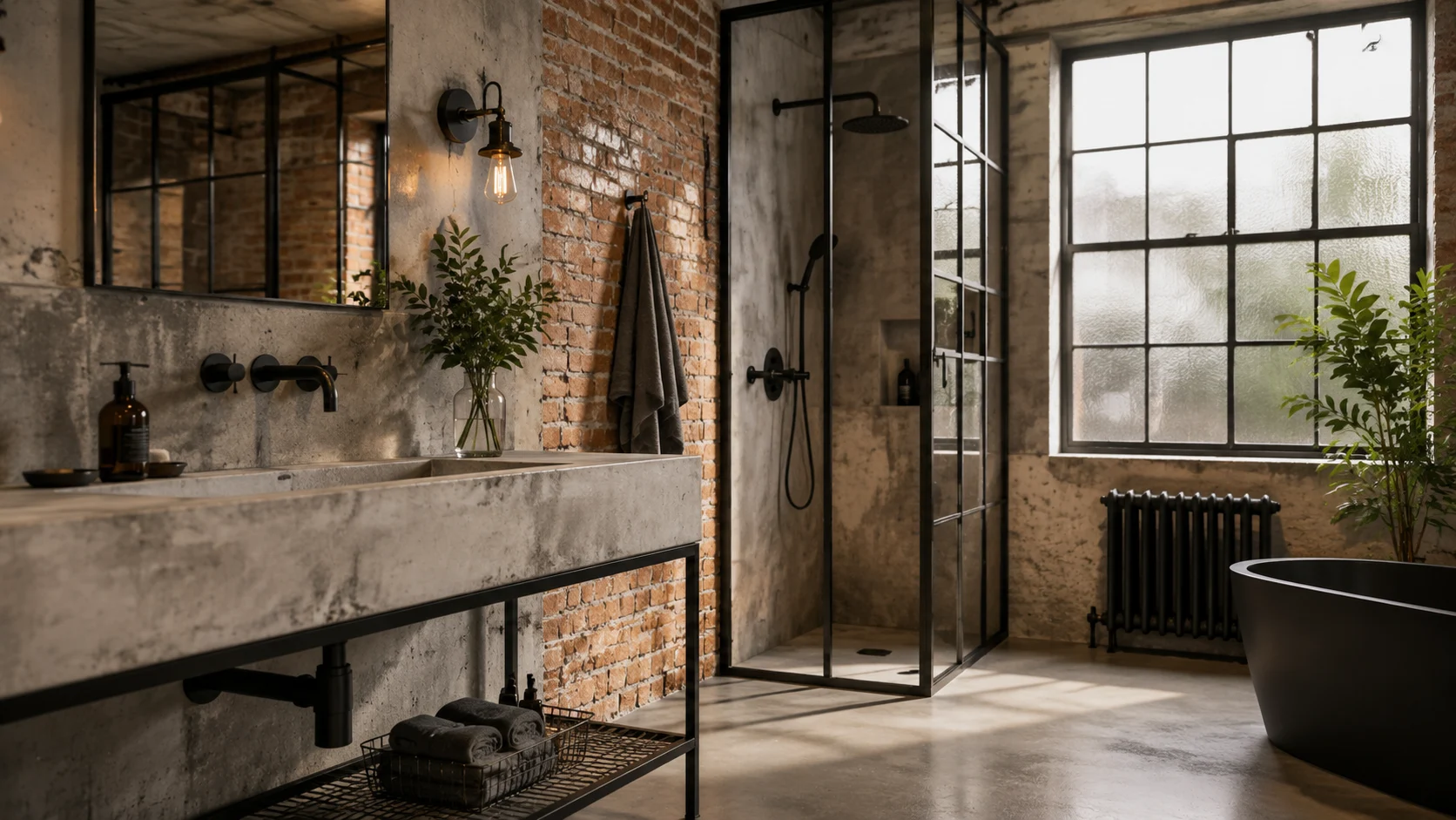 Ein modernes Industrial-Badezimmer mit einem Betonwaschbecken, mattschwarzen Armaturen und Wänden aus Sichtziegeln.