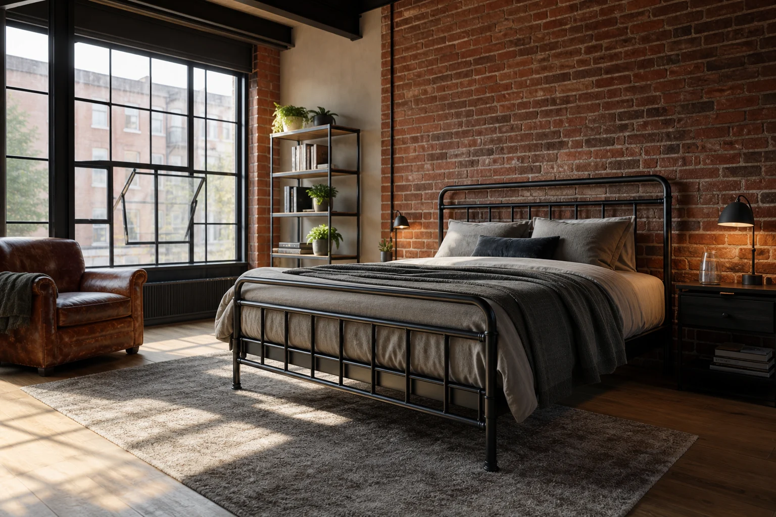 Ein modernes Industrial-Schlafzimmer mit einer Wand aus Sichtmauerwerk und einem Metallbettrahmen.