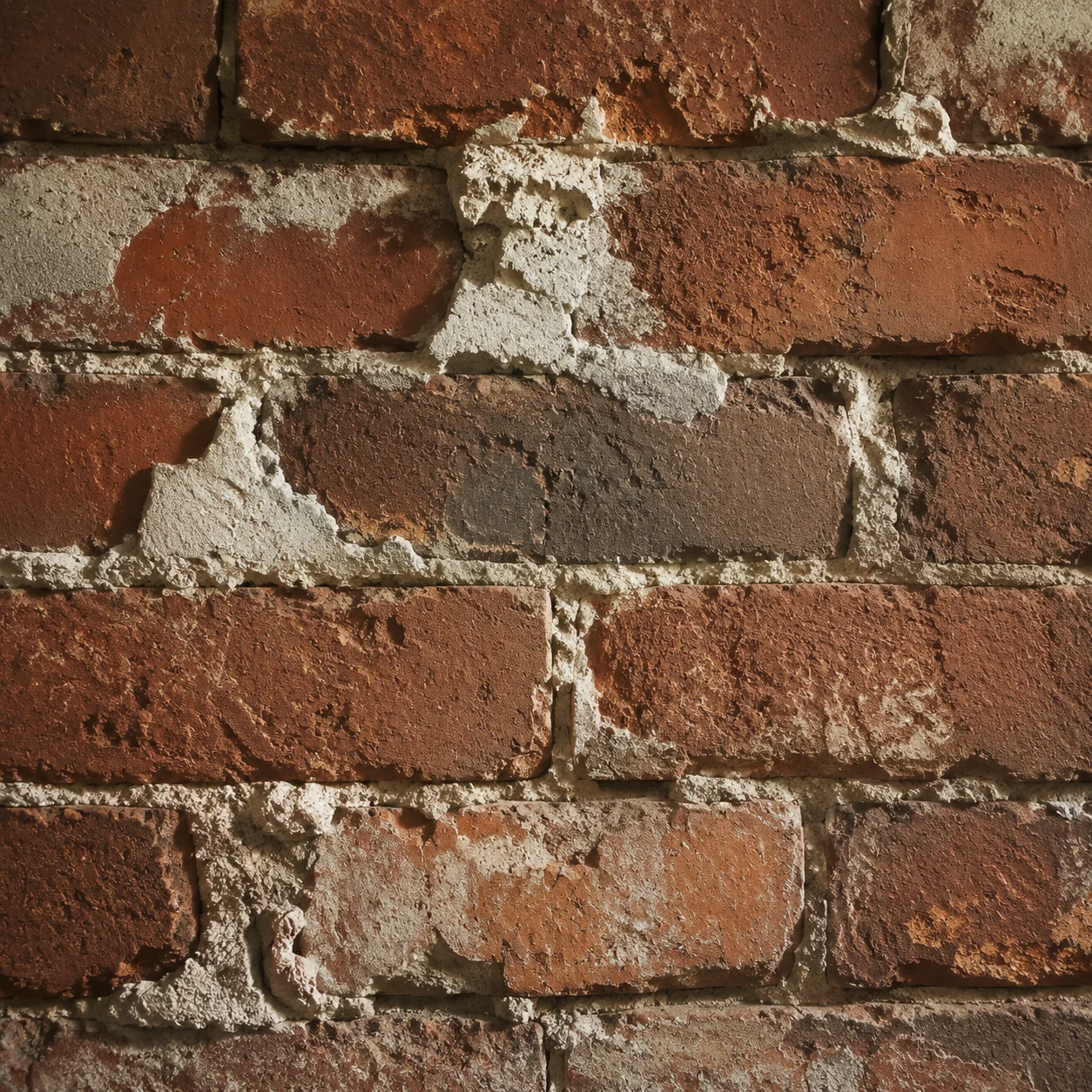Close-up of weathered red brick texture.