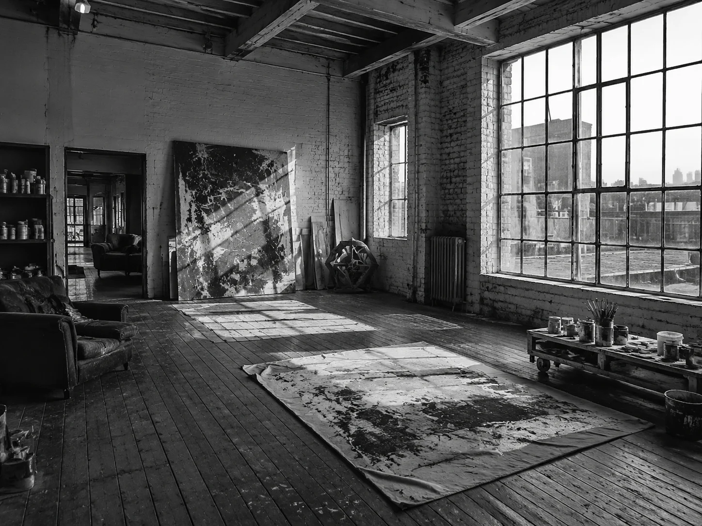 Loft de artista de los años 70 con suelos de madera en bruto y grandes ventanales de fábrica