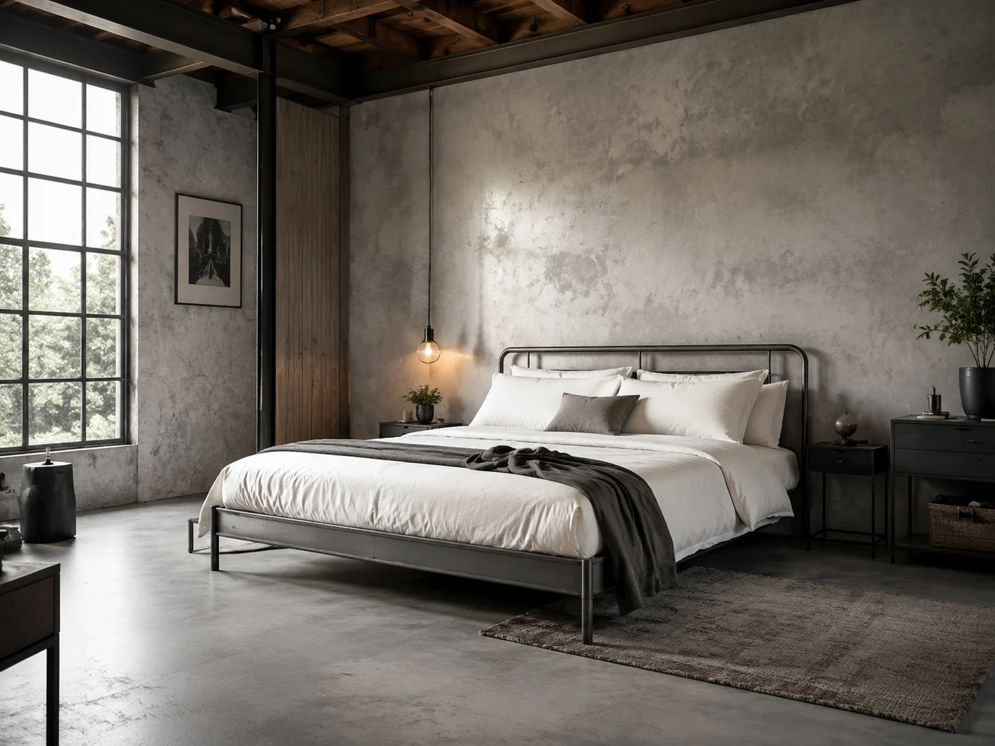 Dormitorio industrial moderno con ropa de cama impecable y estructura de acero