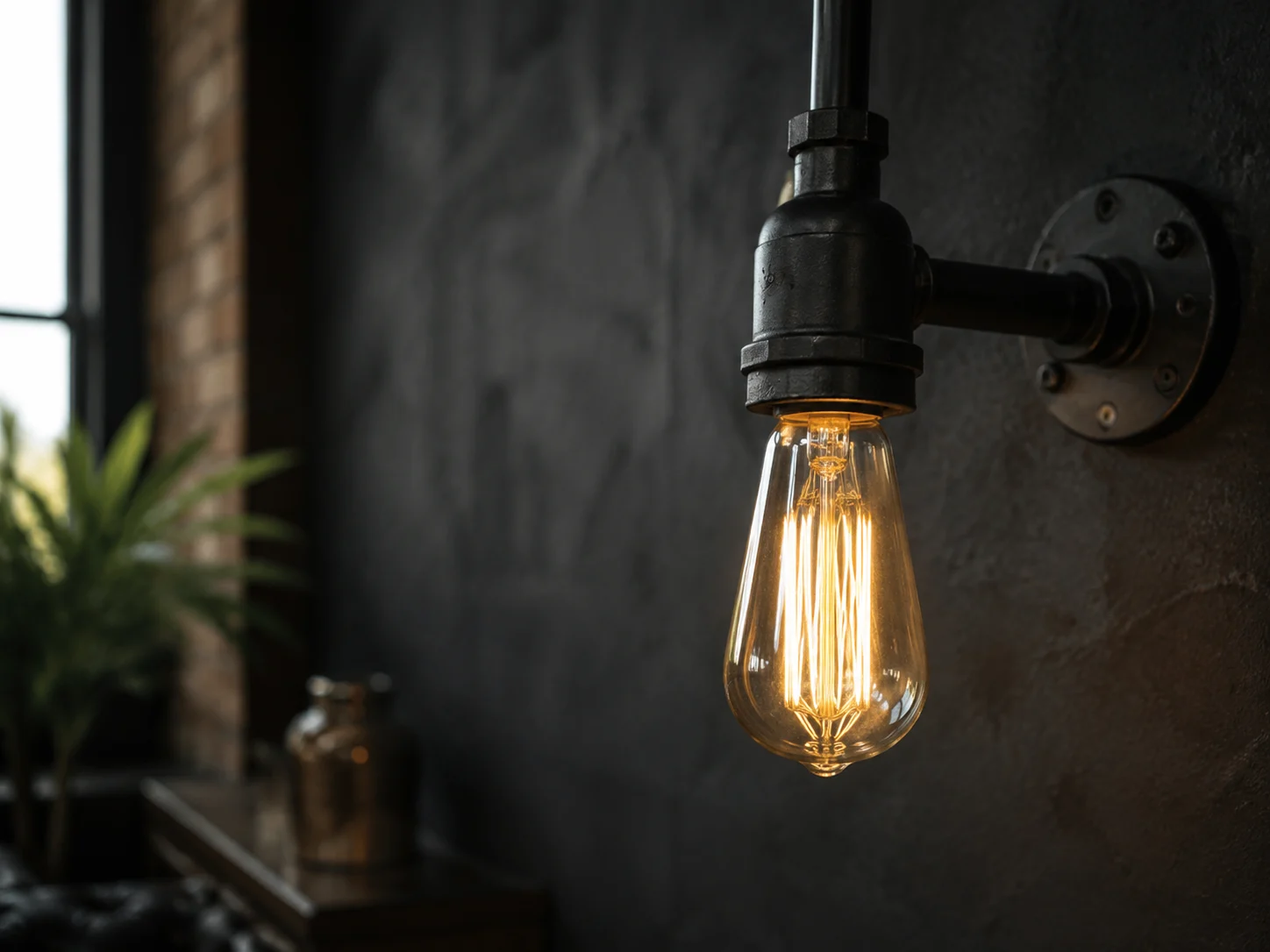 Lámpara colgante vintage con bombilla Edison contra una pared oscura