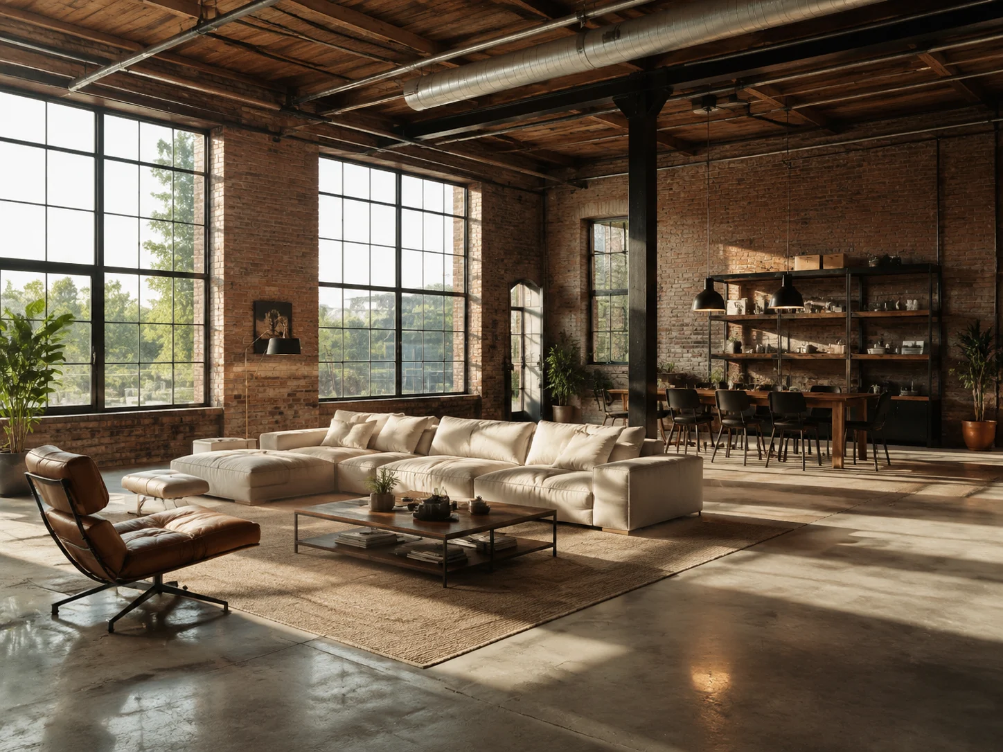 Spacious open-plan industrial living and dining area