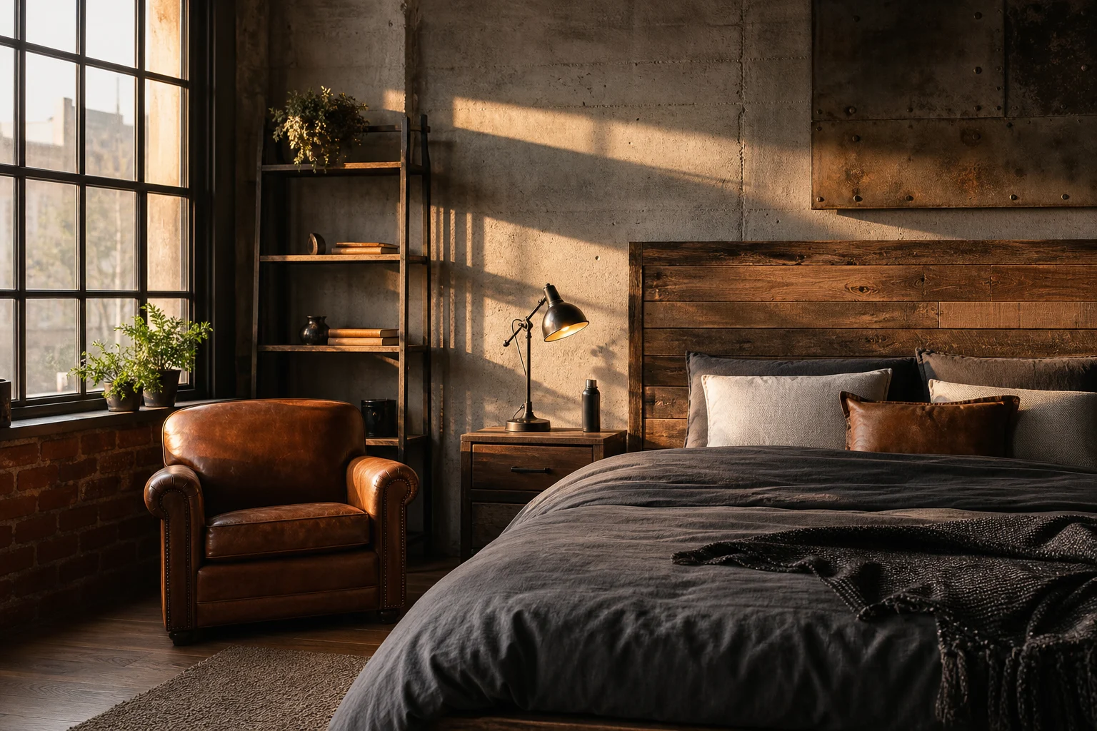 Industrial bedroom with warm leather and wood accents