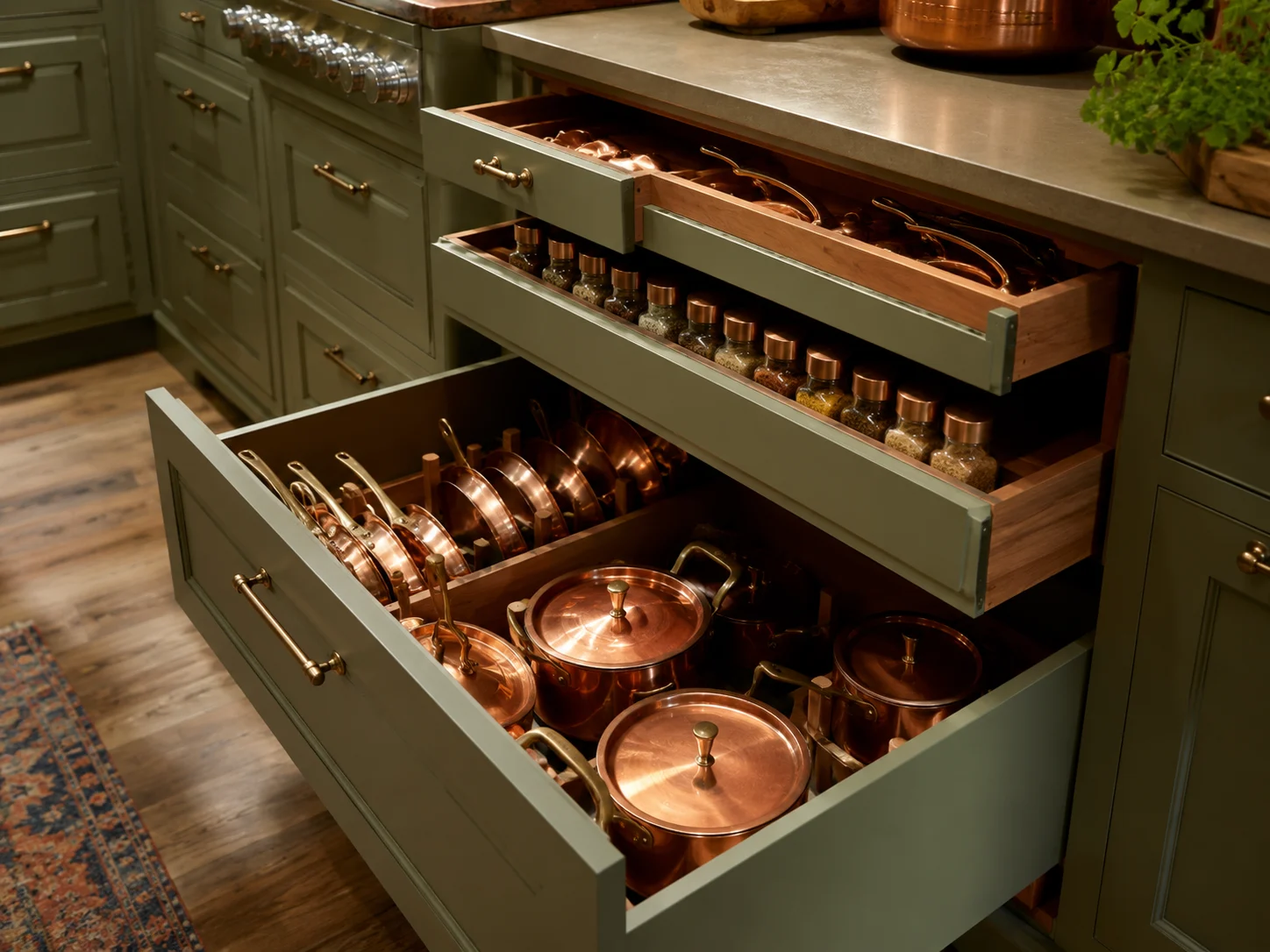 Open kitchen drawers revealing organized pots, pans, and custom spice racks