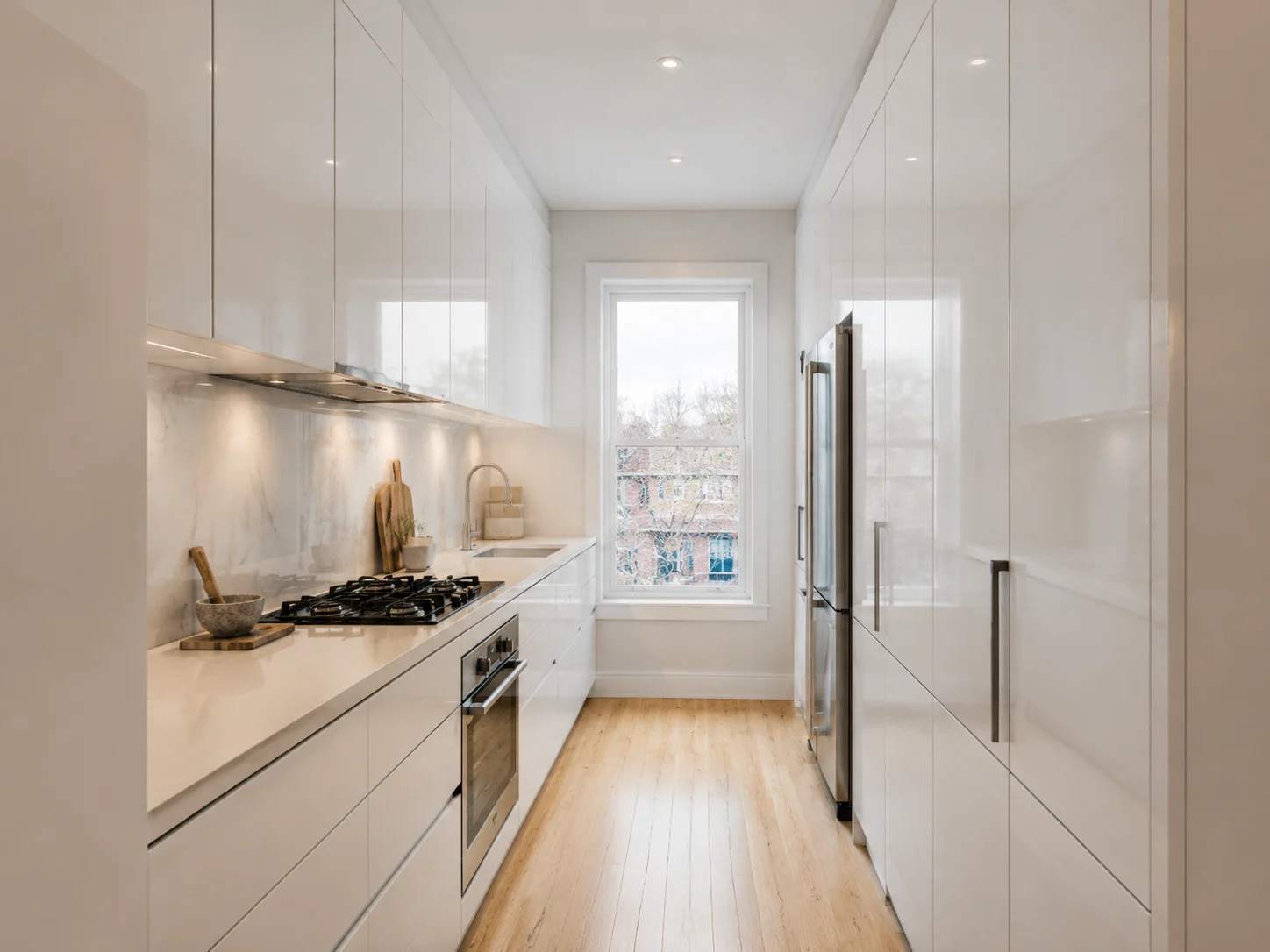 A highly efficient small galley kitchen with ceiling-height white cabinetry
