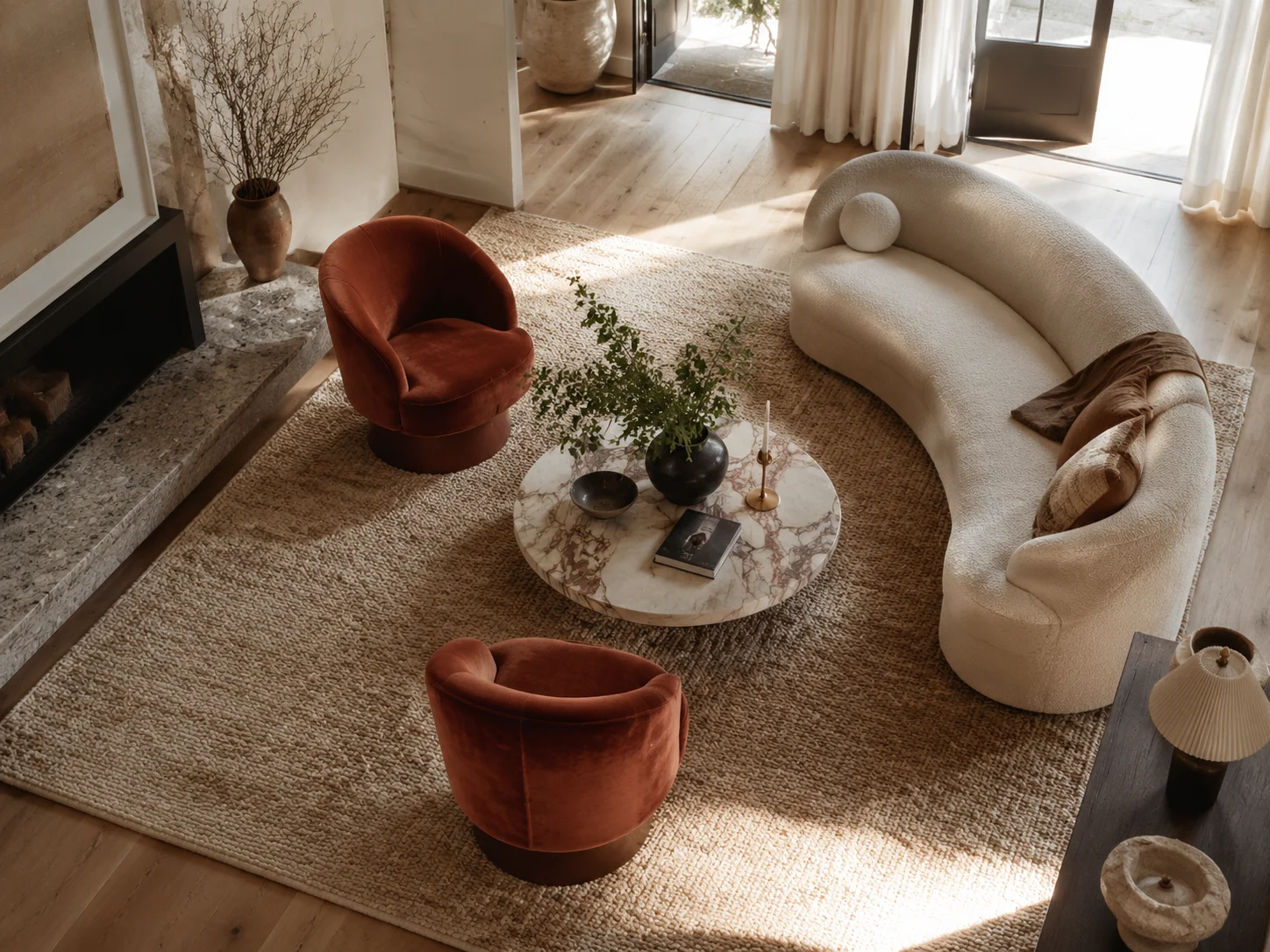 A conversational furniture grouping in a spacious living room