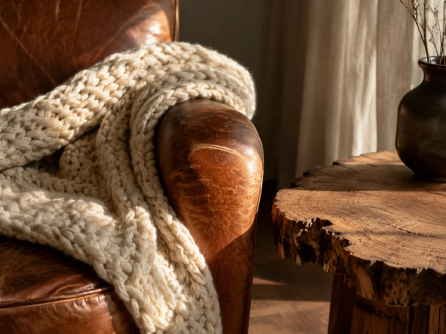 Close-up of layered textures in a living room including leather, wool, and wood