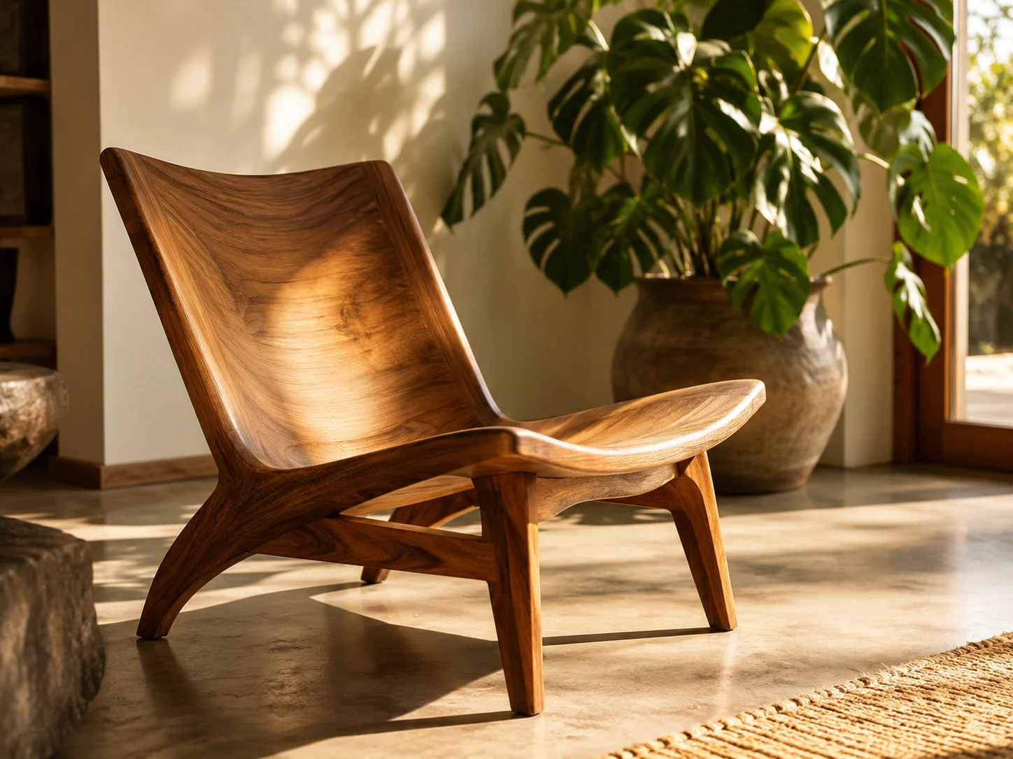 A sculpted teak wood lounge chair.