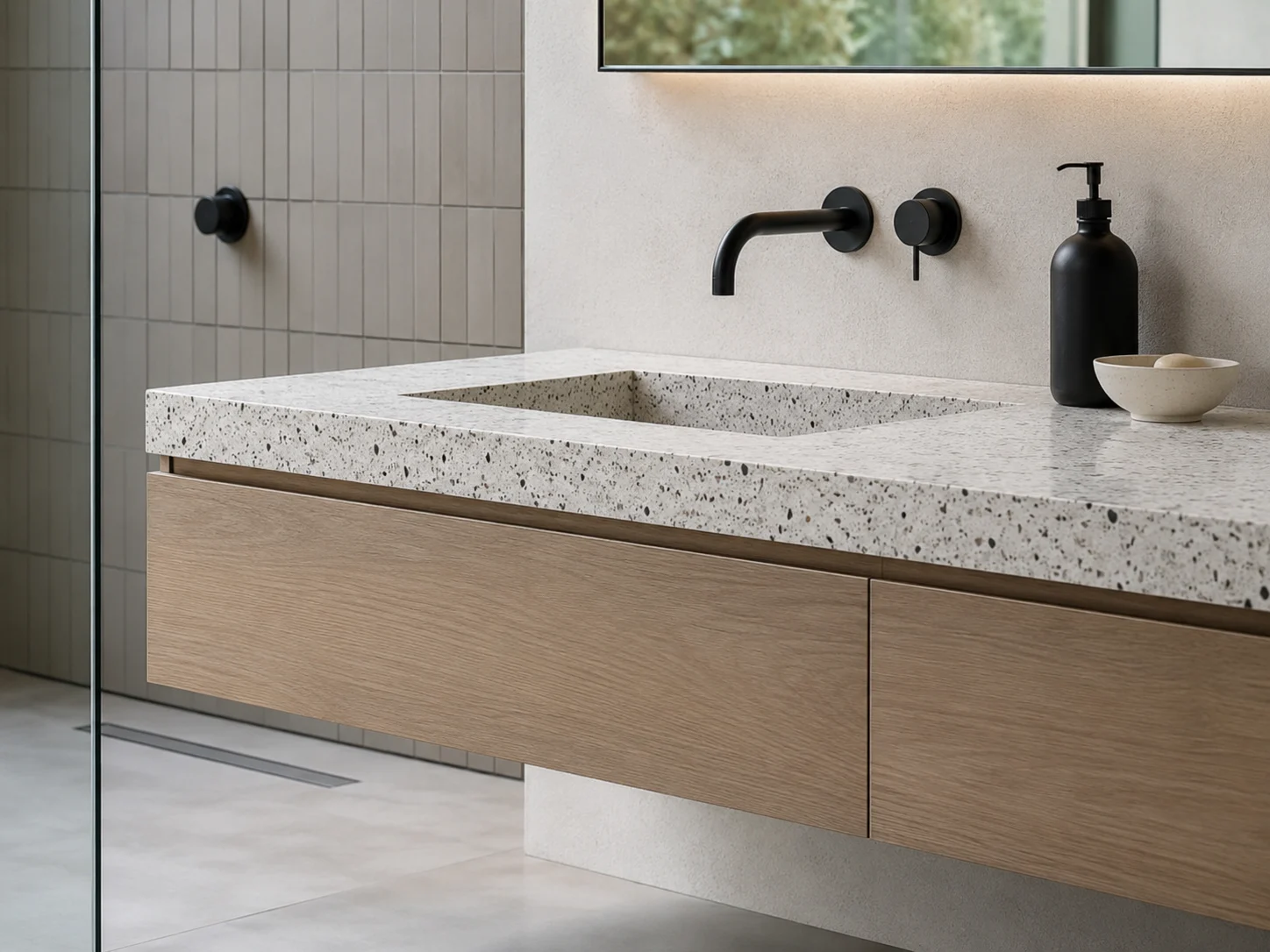 A minimalist floating vanity in a modern bathroom.