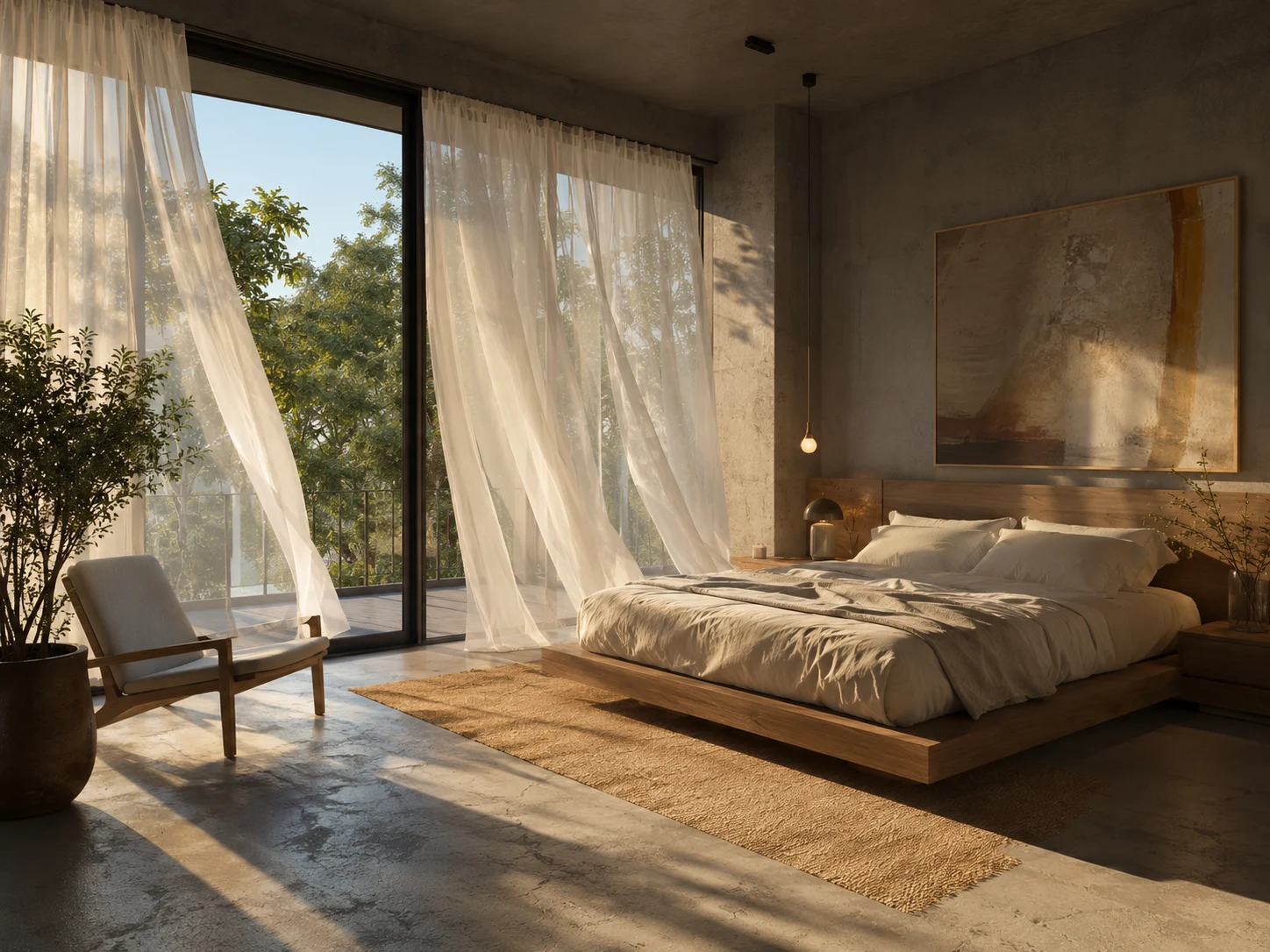A modern bedroom with large windows and sheer curtains.