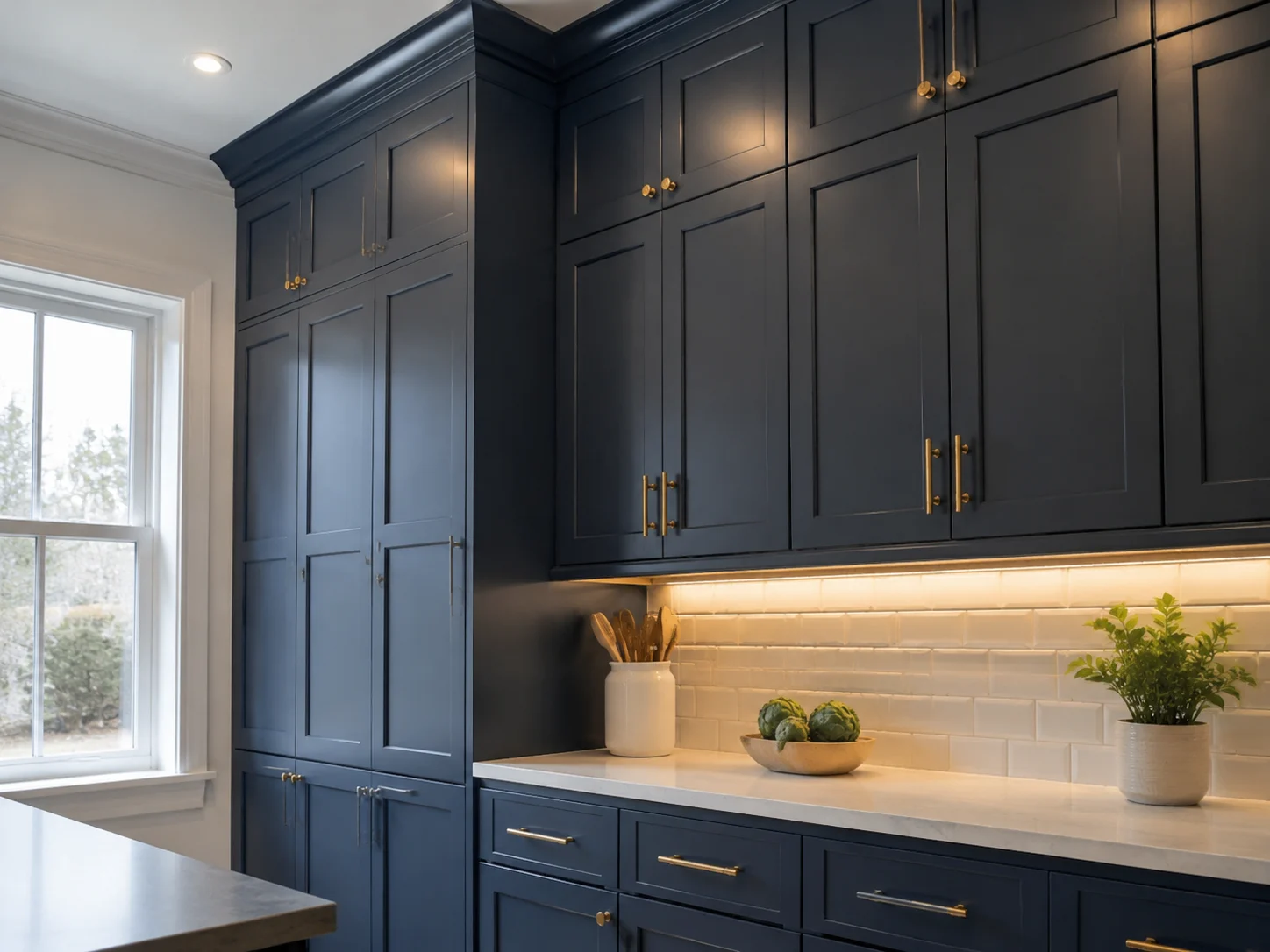 Small kitchen featuring floor-to-ceiling navy blue cabinetry