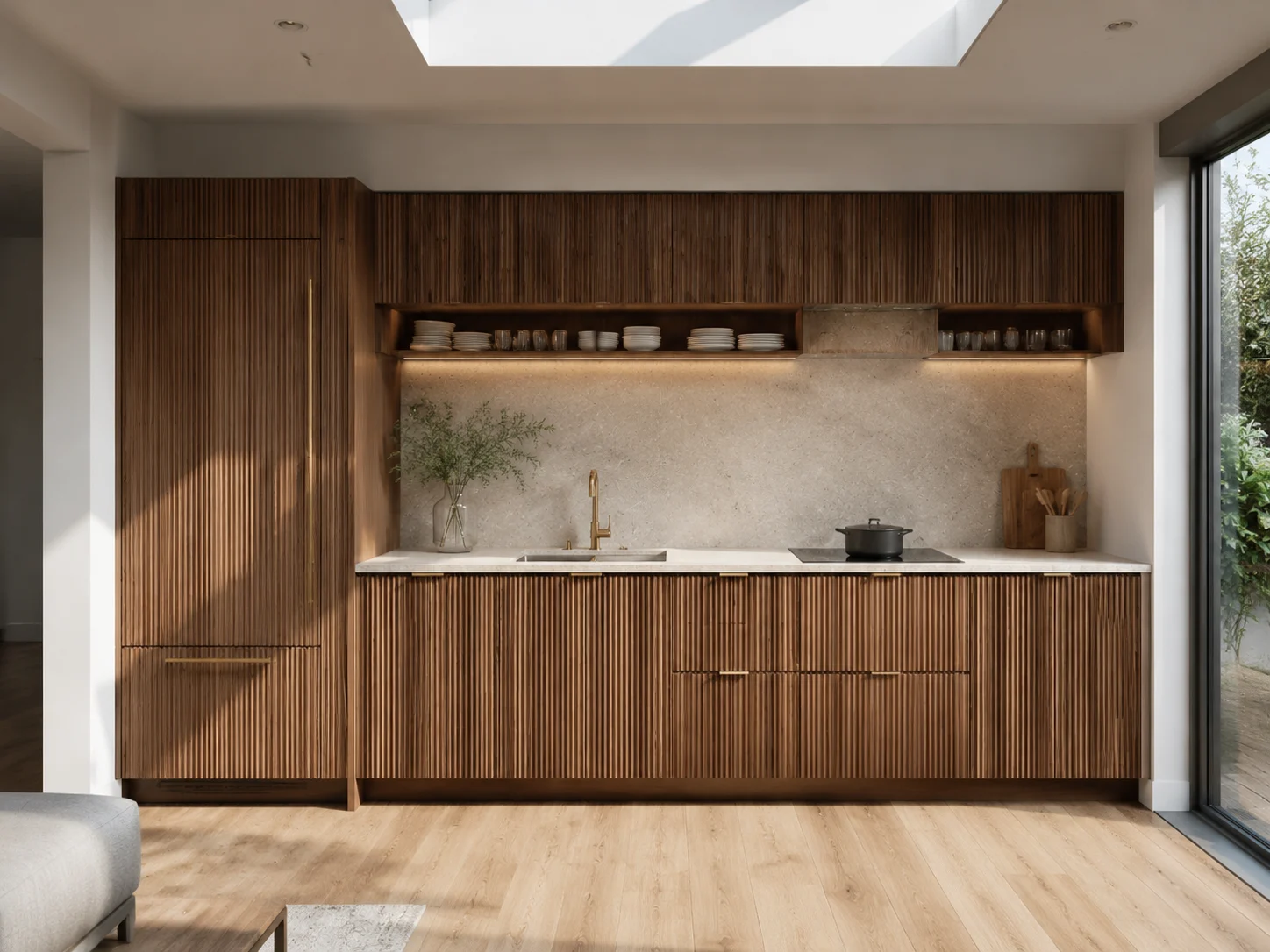 Small modern kitchen with a slimline integrated refrigerator and induction cooktop