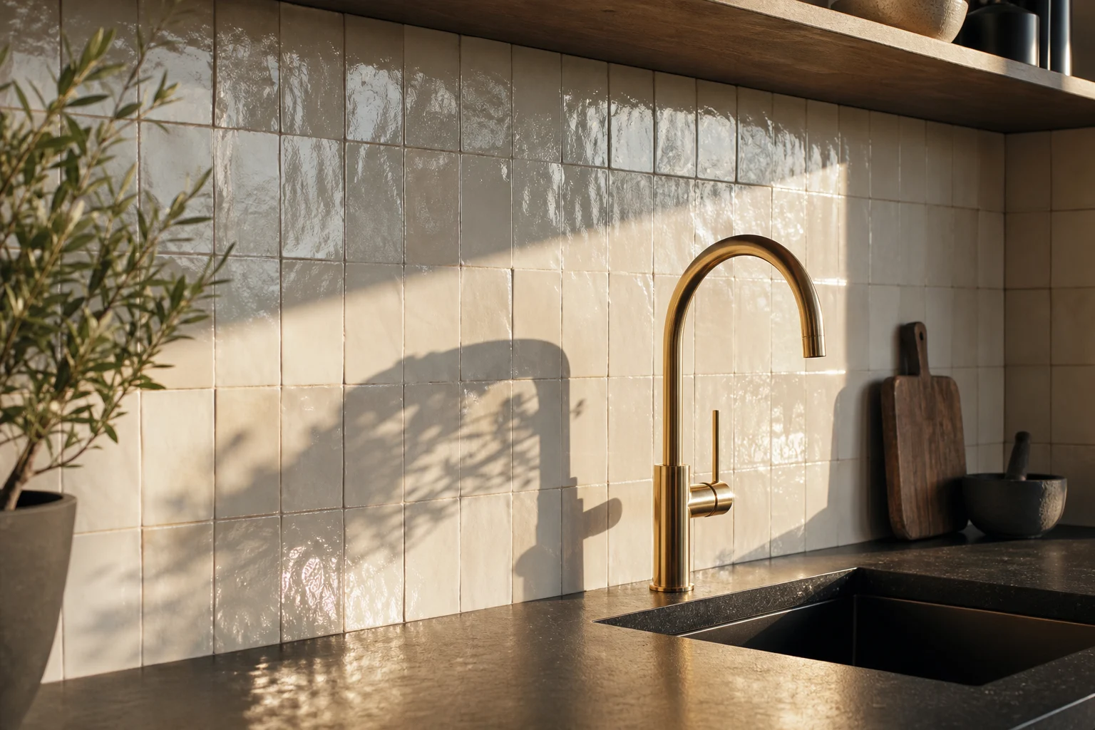 Compact kitchen with glossy zellige tile backsplash reflecting natural light