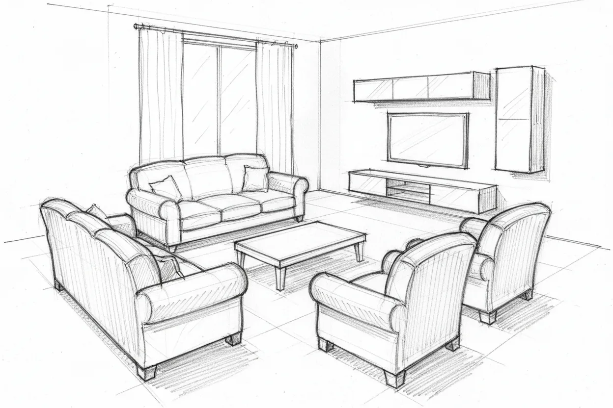 Hand-drawn sketch of a living room